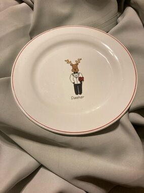 Holiday Reindeer Ceramic Dinner Plate in White with Red Trim